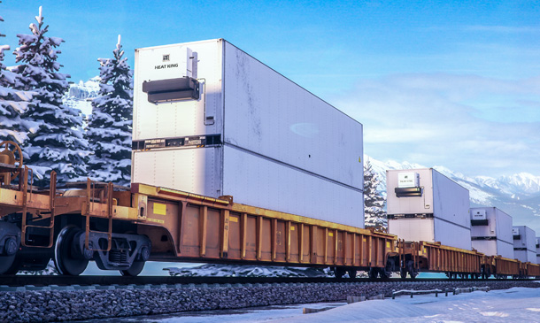 Photo of container on flat car with Heat King unit									