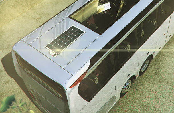 Aerial view of a charter bus with a ThermoLite solar panel