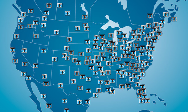 Illustration of a North American map showing locations of Thermo King dealerships.