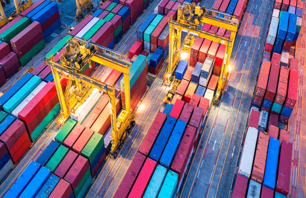 Photo from above of containers stacked.									