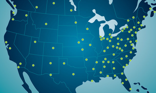 Illustration of North American map showing locations of Thermo King e-rail certified dealers.