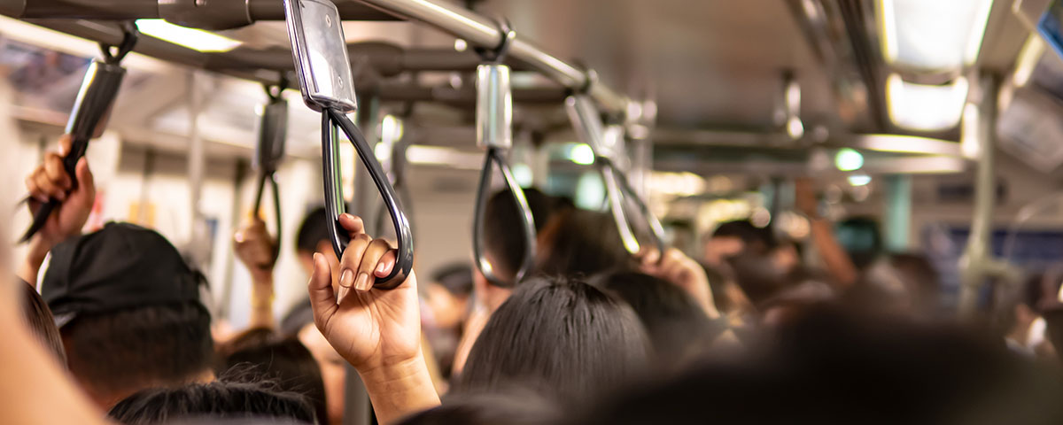 Crowd inside the shuttle during peak travel