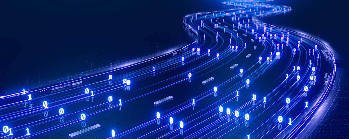 Sreaming data, binary data moving on a digital road - Digital Code road concept - 3d illustration