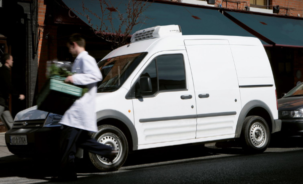 Photo of a man unloading flowers from a van in front of a store.