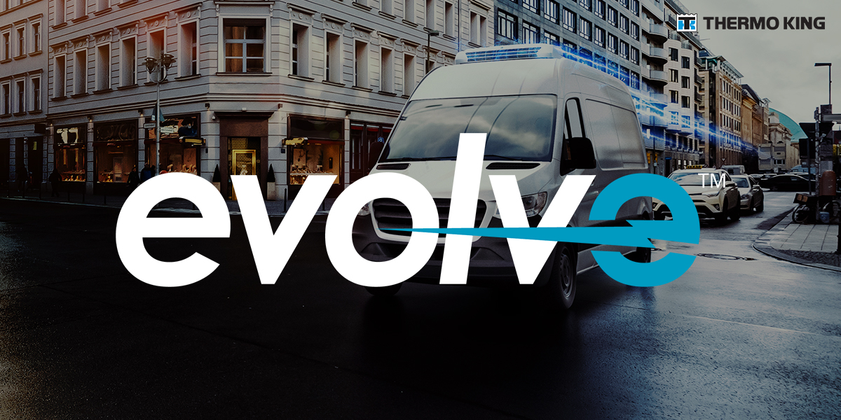 Thermo King's electrified brand evolve with a e200 vehicle driving through a city